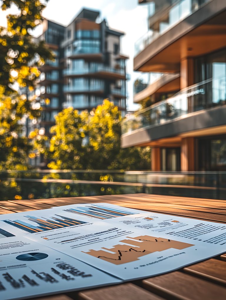 informe técnico de ITE sobre una mesa, con fachada residencial de Barcelona al fondo.